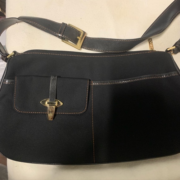 Maxx New York Handbag Medium Black Fabric/Leather Strap Trim Gold Hardware - Picture 2 of 16